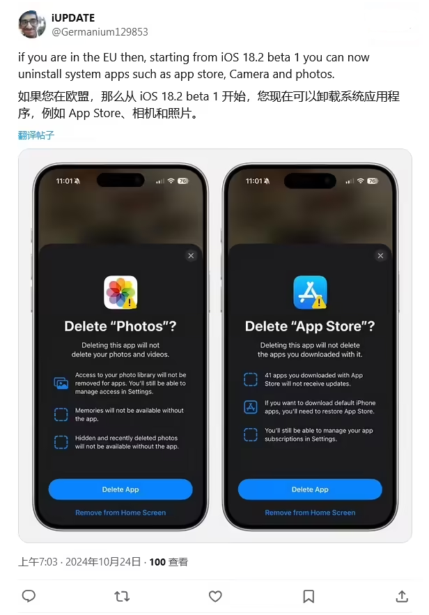 黄石苹果手机维修分享iOS 18.2 支持删除 App Store 应用商店 